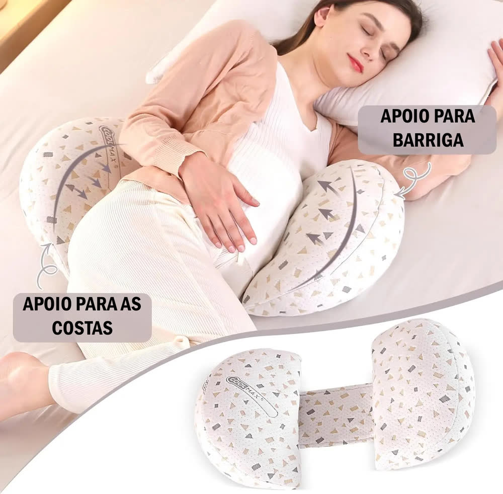 Gestante deitada de lado com apoio na barriga e nas costas; embaixo, as duas partes ligadas pela faixa